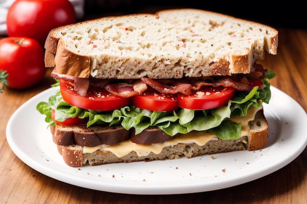 Um sanduíche com bacon, tomate e alface.