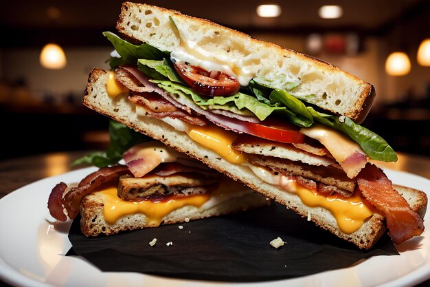 Um sanduíche com bacon, tomate e queijo