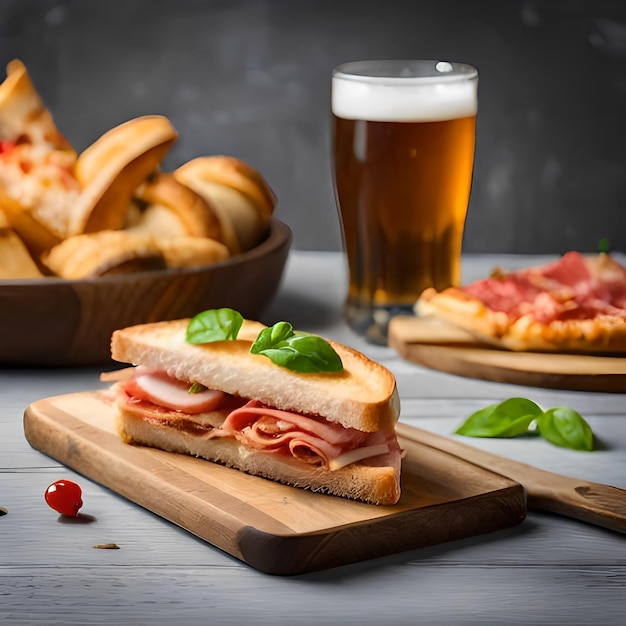 Um sanduíche com carne e queijo ao lado de um copo de cerveja.