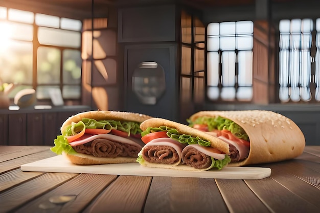 Um sanduíche com carne e queijo em uma tábua.