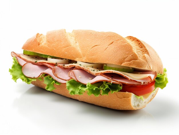Um sanduíche com carne, queijo e pepino.