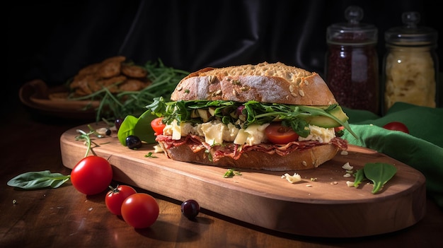 Um sanduíche com carne, queijo e tomate em uma tábua de madeira