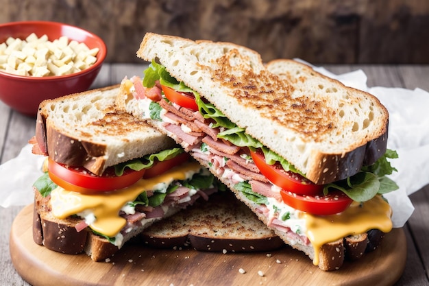 Um sanduíche com carne, queijo e tomate