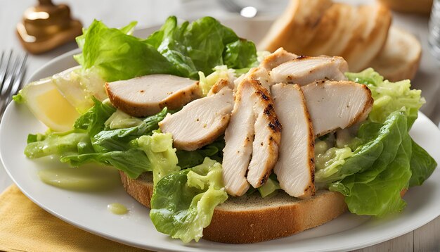 um sanduíche com frango e alface num prato