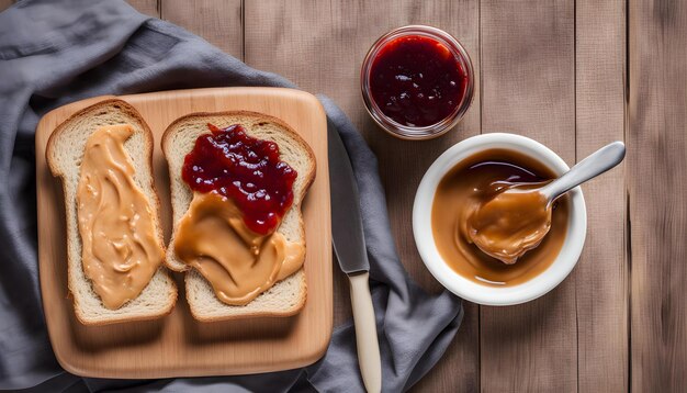 Foto um sanduíche com manteiga de amendoim e geleia em uma tábua de corte