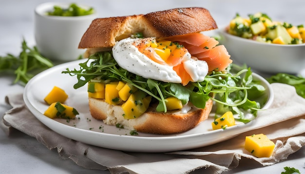 um sanduíche com ovos, tomates e queijo num prato