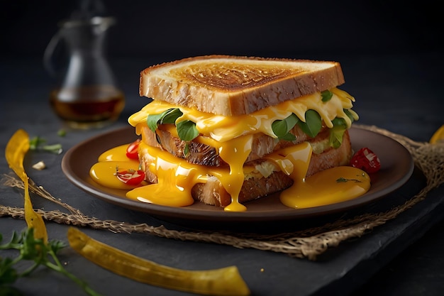 Foto um sanduíche com queijo e vegetais num prato com uma garrafa de uísque