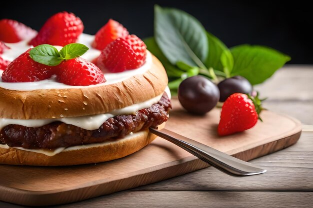 Um sanduíche com um garfo em uma tábua de madeira com frutas.