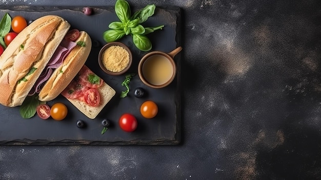 Um sanduíche com uma baguete e outros ingredientes em um fundo preto