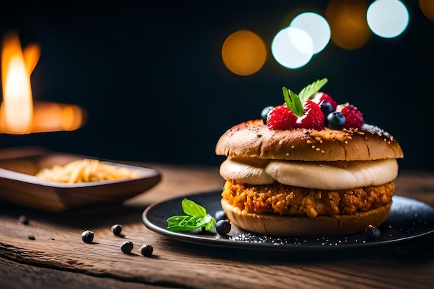 um sanduíche com uma pilha de batatas fritas em uma mesa