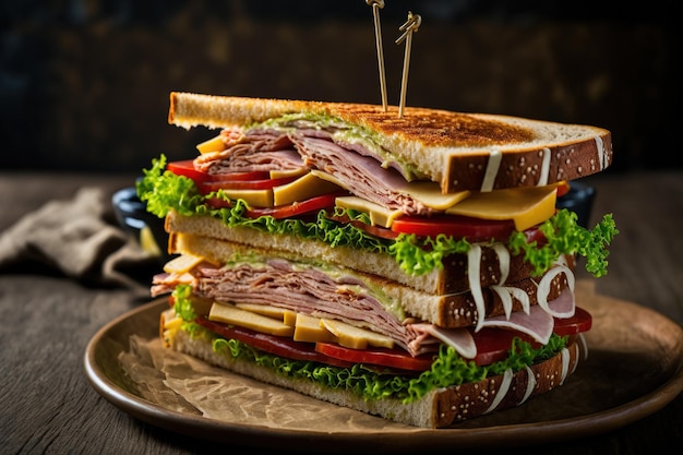 Um sanduíche de clube americano em close-up conceito de fast food