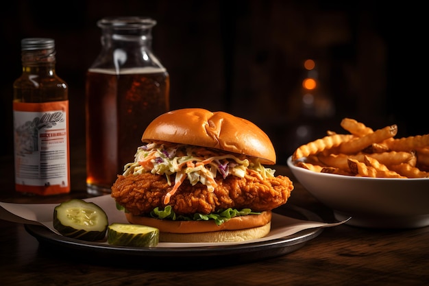 Um sanduíche de frango com batatas fritas e uma garrafa de cerveja