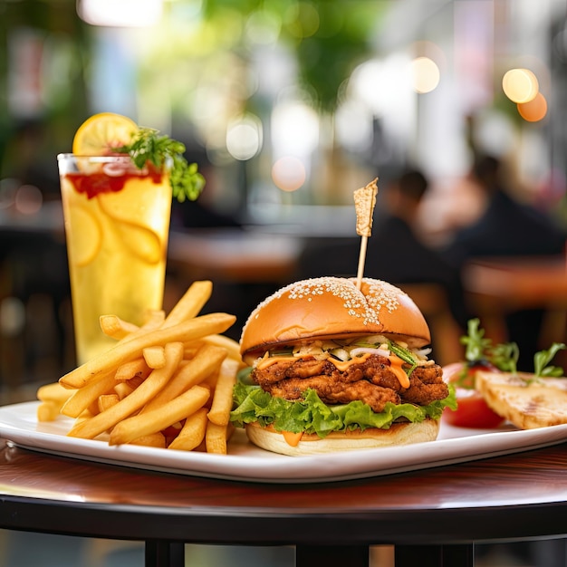 Um sanduíche de frango com uma porção de batatas fritas e um restaurante turvo de bebidas ao fundo