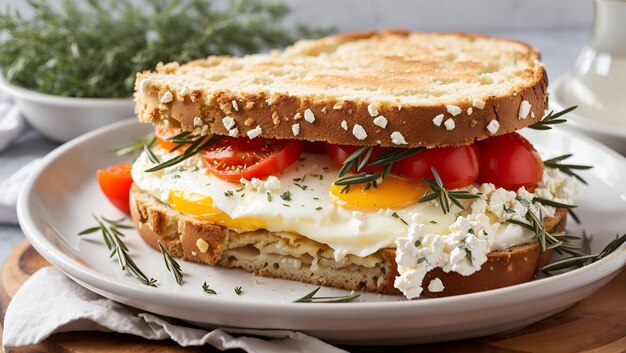 Um sanduíche de ovo recém-assado com crosta de alecrim perfumado, tomates suculentos e queijo feta cremoso