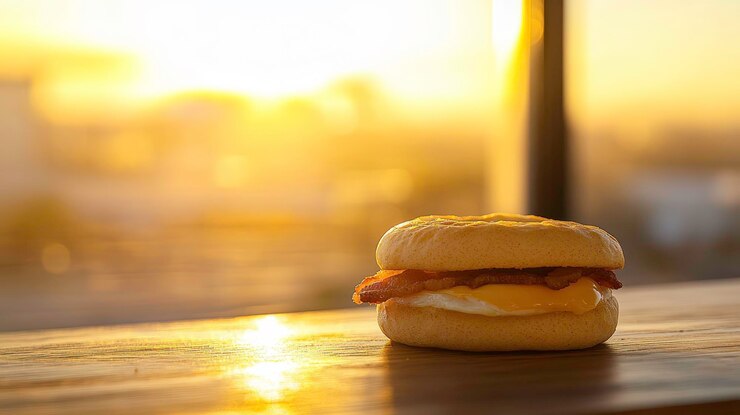 Foto um sanduíche de pequeno-almoço com bacon e ovo iluminado por um amanhecer quente