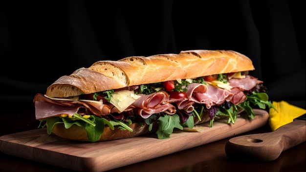 Um sanduíche de sub com carne e legumes em uma placa de madeira