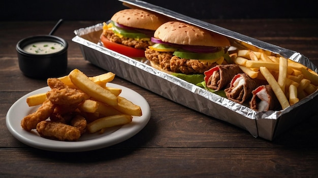 Foto um sanduíche e batatas fritas estão em uma mesa com uma chávena de molho quente