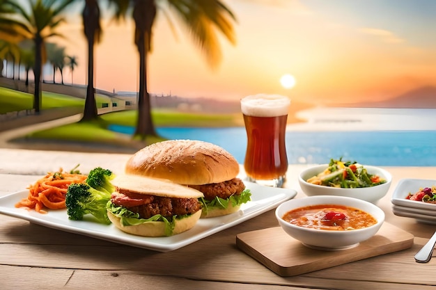 Um sanduíche e um copo de cerveja sobre uma mesa com o pôr do sol ao fundo.