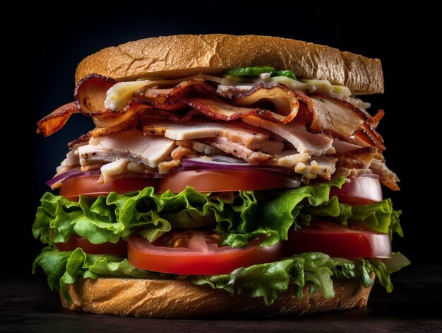 Um sanduíche grande com bastante alface e tomate
