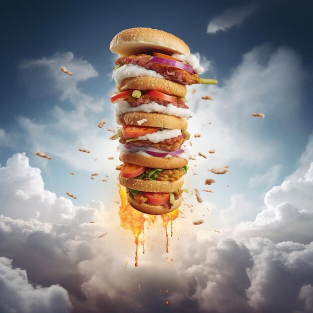 Foto um sanduíche muito alto a decolar como um foguete, foto gerada pela ia.