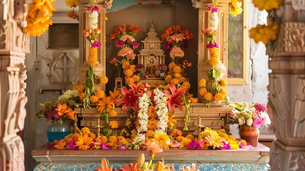 Foto um santuário ornamentado adornado com flores que retratam reverência e devoção em rituais religiosos