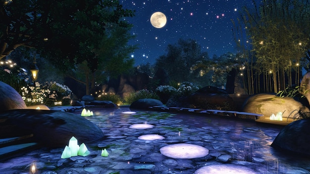 Foto um santuário sereno onde a suave luz da lua ilumina caminhos adornados com brilhante generative ai