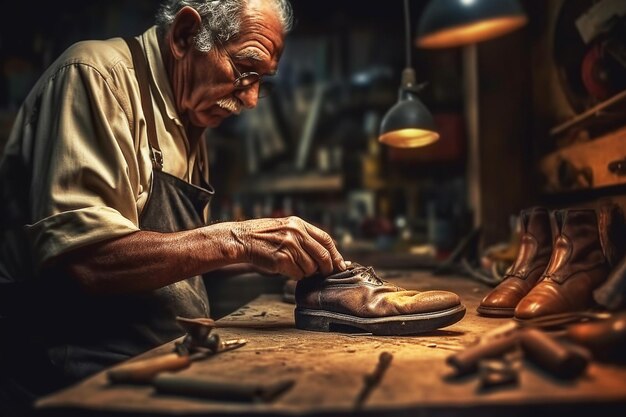 Um sapateiro repara sapatos na oficina Closeup IA generativa