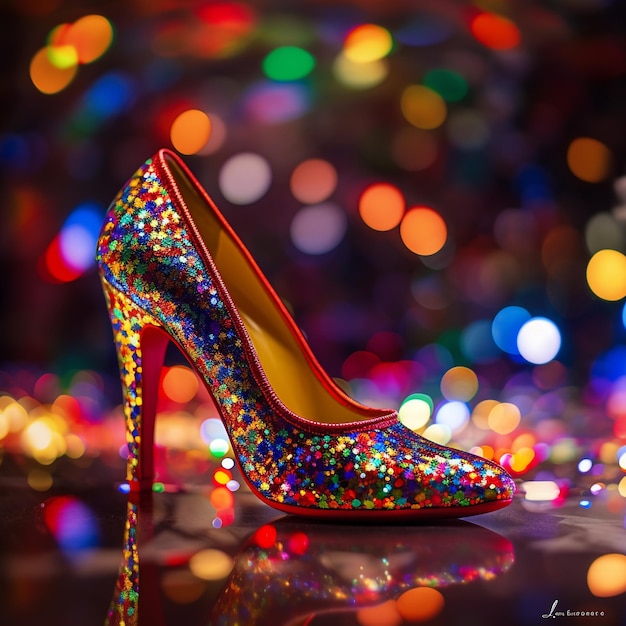 Um sapato com um fundo colorido do arco-íris e a palavra amor nele
