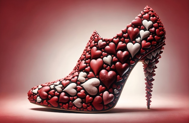 Um sapato com um tema de corações vermelhos