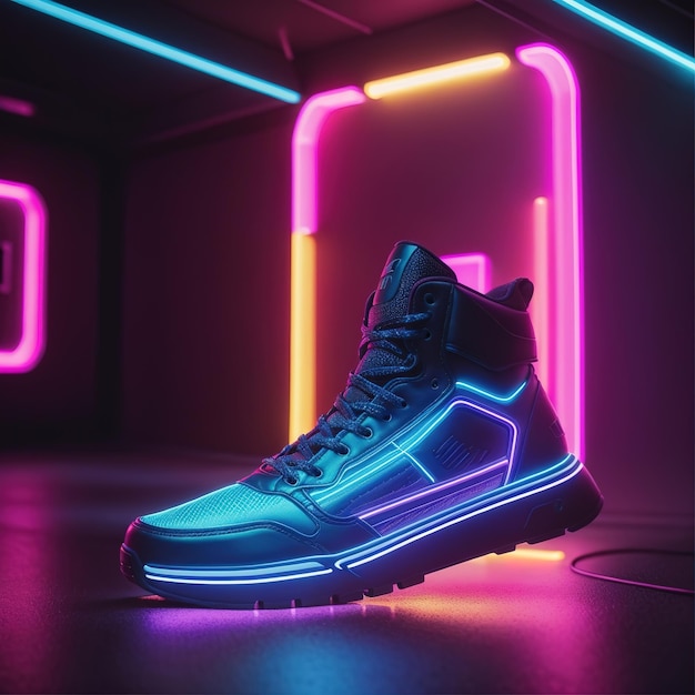 Um sapato futurista 3D com fundo de luz de néon