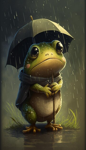 Um sapinho bonitinho no estilo cartoon de chuva