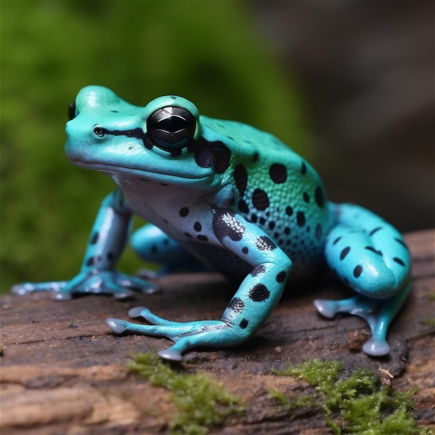 Um sapo azul com manchas pretas senta-se em um tronco.