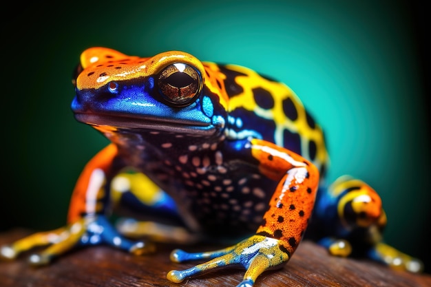 Um sapo colorido com um corpo preto e amarelo e manchas azuis