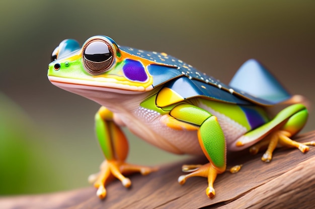 Um sapo colorido senta-se em um tronco com a palavra sapo nele.