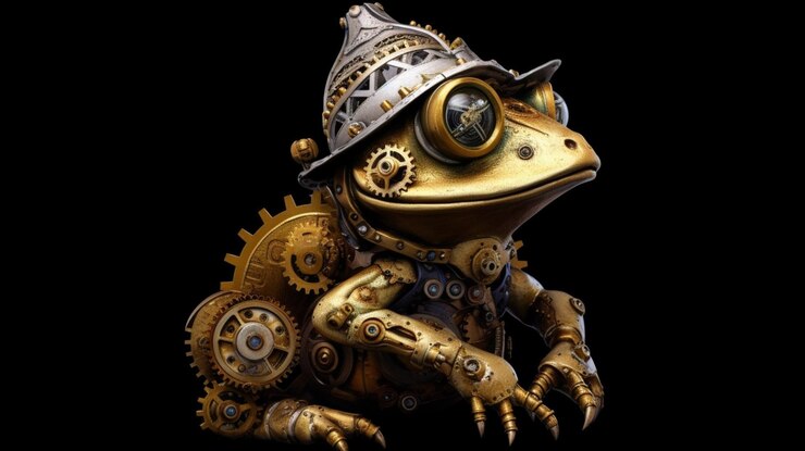 Foto um sapo com engrenagens e um capacete senta-se em um preto