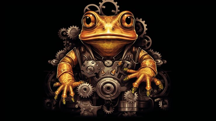 Foto um sapo com engrenagens e um capacete senta-se em um preto