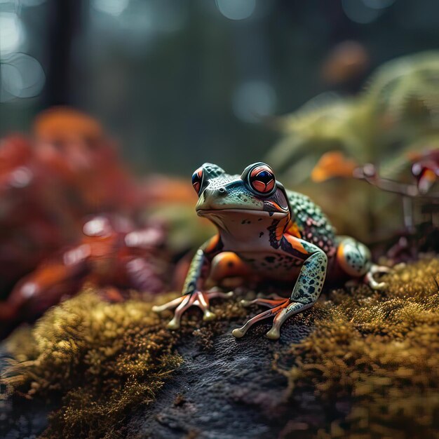 Um sapo com olhos laranja senta-se em uma rocha coberta de musgo com outros sapos.