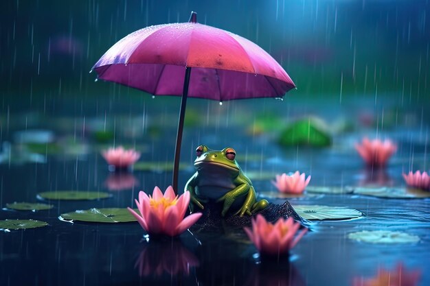 Um sapo com um guarda-chuva senta-se sob uma gota de chuva