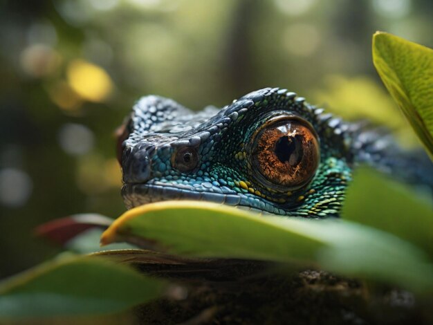 um sapo com um olho castanho e uma folha verde no fundo