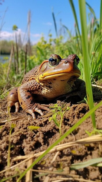 um sapo com um sapo na cabeça sentado na lama