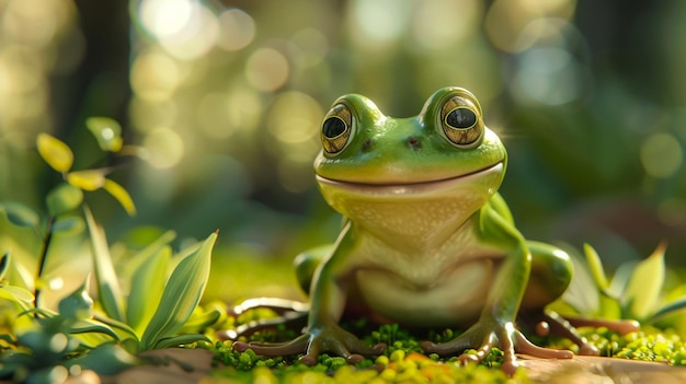 Um sapo com um sorriso no rosto.