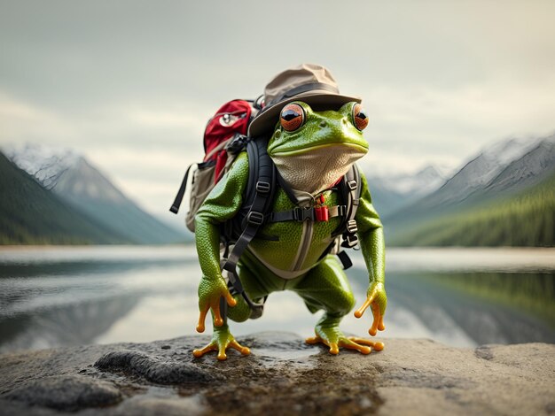 Foto um sapo com uma mochila e um chapéu de caminhada olhando pronto para saltar para a aventura