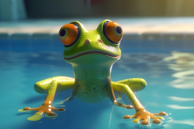 Foto um sapo em uma piscina azul com um grande olho laranja.