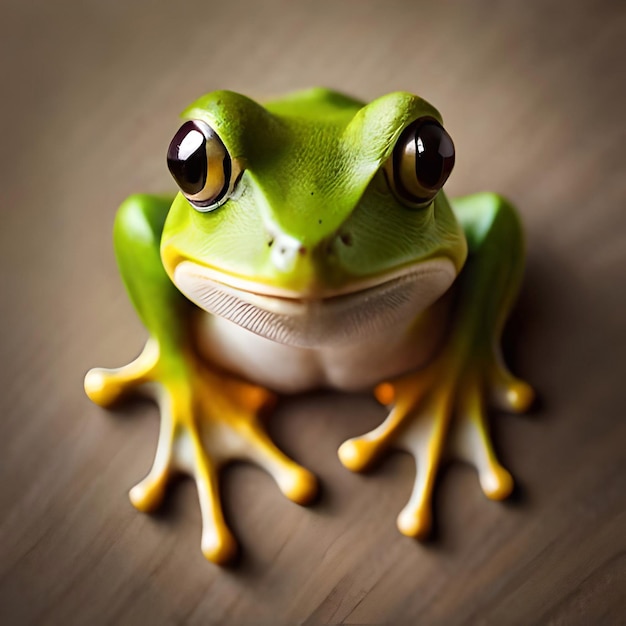 Um sapo que está sentado em uma mesa