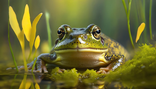 Um sapo senta-se em um lago à luz do sol.