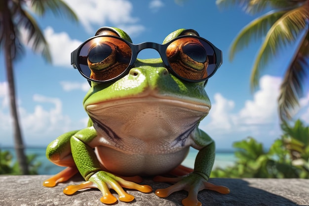 Foto um sapo usa óculos de sol sob um céu tropical