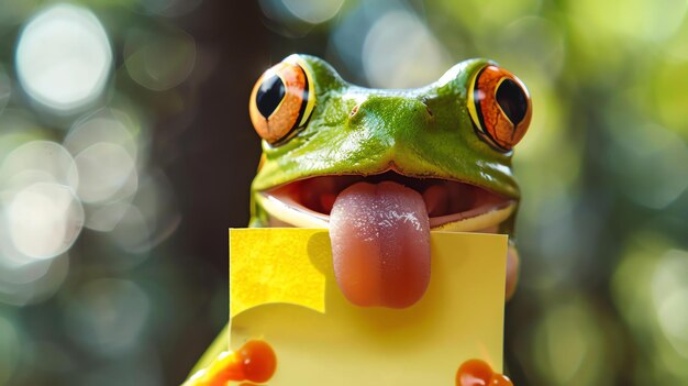 Foto um sapo verde brilhante com olhos vermelhos está segurando uma nota pegajosa amarela em branco em sua boca