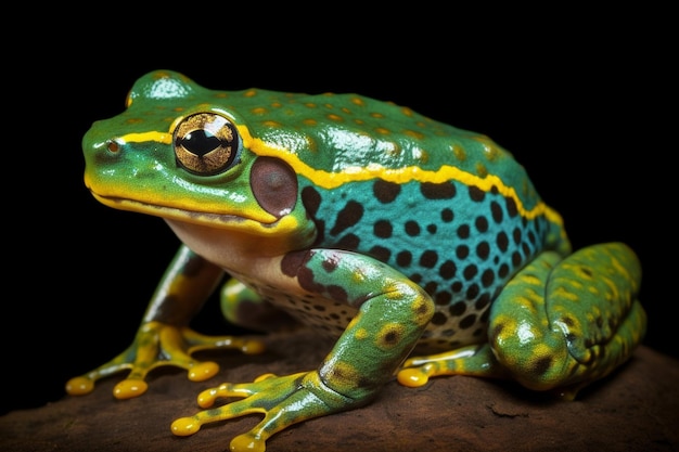 Um sapo verde e amarelo com corpo azul e amarelo está sentado em um tronco.