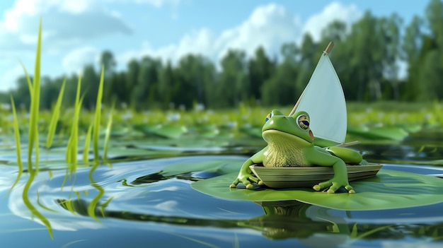 Um sapo verde está sentado em um pequeno barco feito de uma folha o sapo está vestindo um chapéu vermelho e tem um grande sorriso no rosto