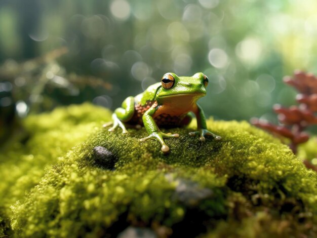 Um sapo verde senta-se em seixos cobertos de musgo